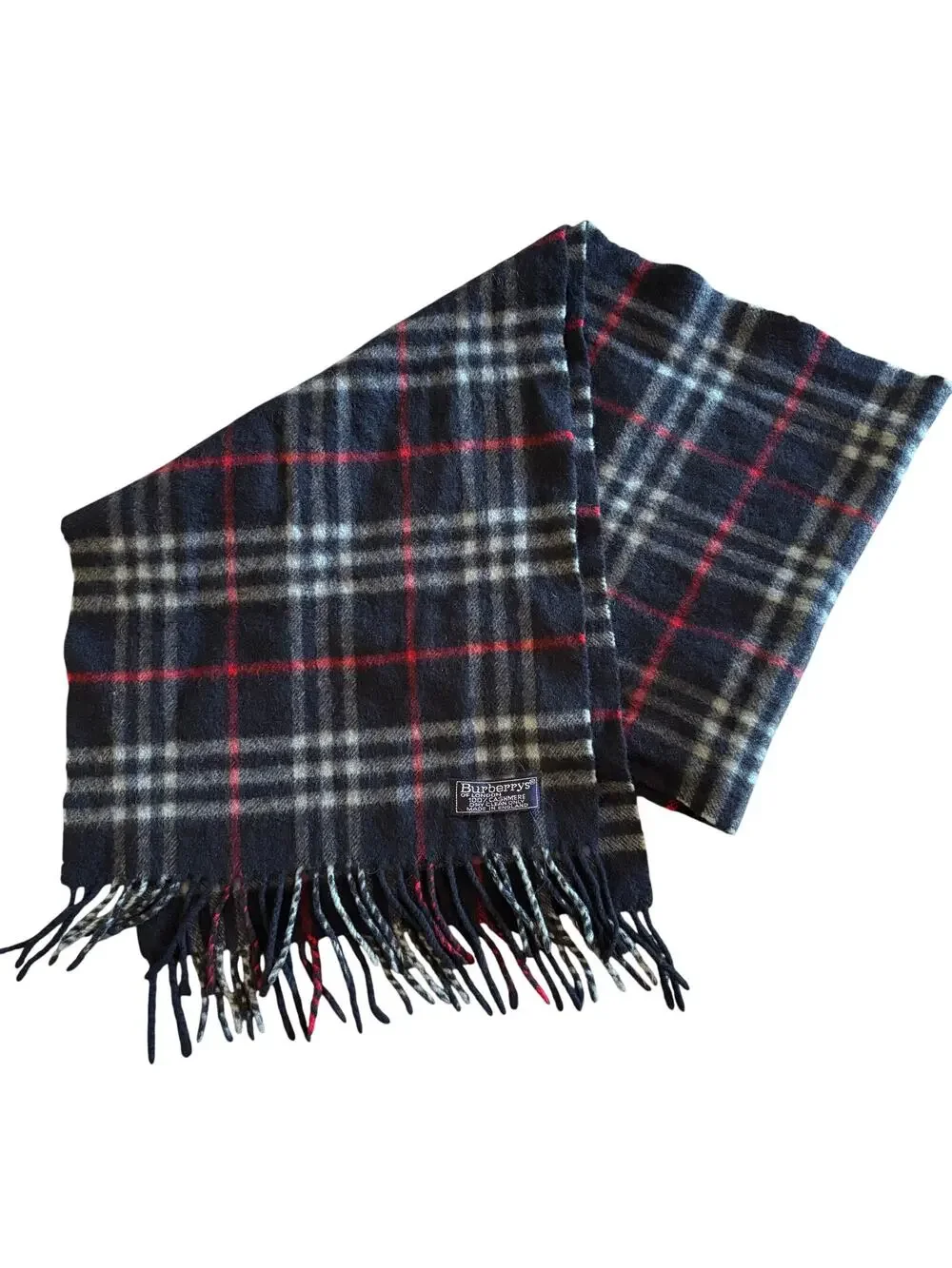 FLAWED Burberry 100% Cashmere Scarf Plaid Blue Red Black Vintage Made in England